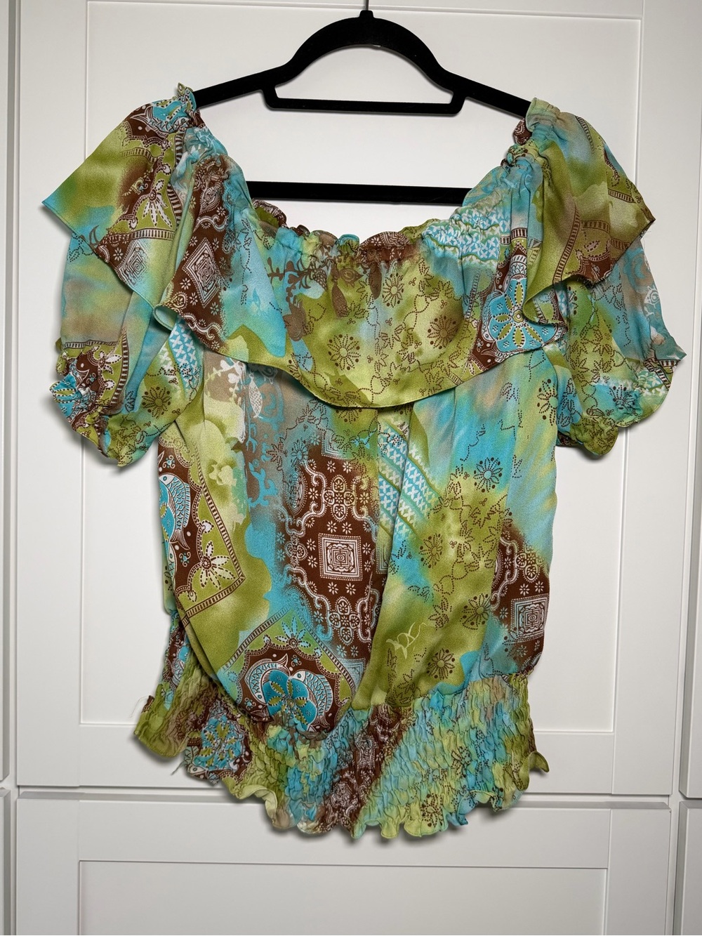 Y2K Whimsical Boho Tie Dye Geometric Pattern Off Shoulder Blouse Fairy Hippie